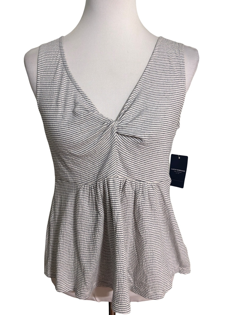 Lucky Brand Striped Twist-Front Sleeveless Peplum Top - White & Gray